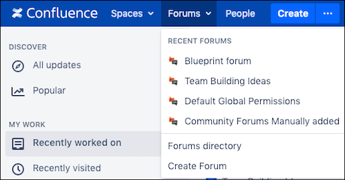 The Forums menu in the Confluence top ribbon.