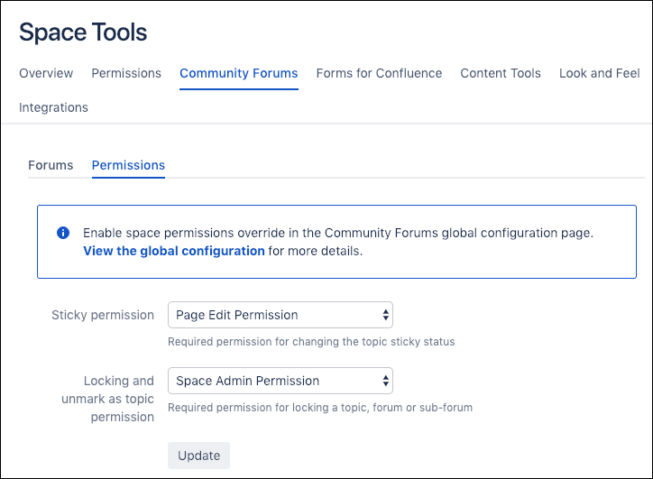 The Community Forums tab in the Space Tools window.