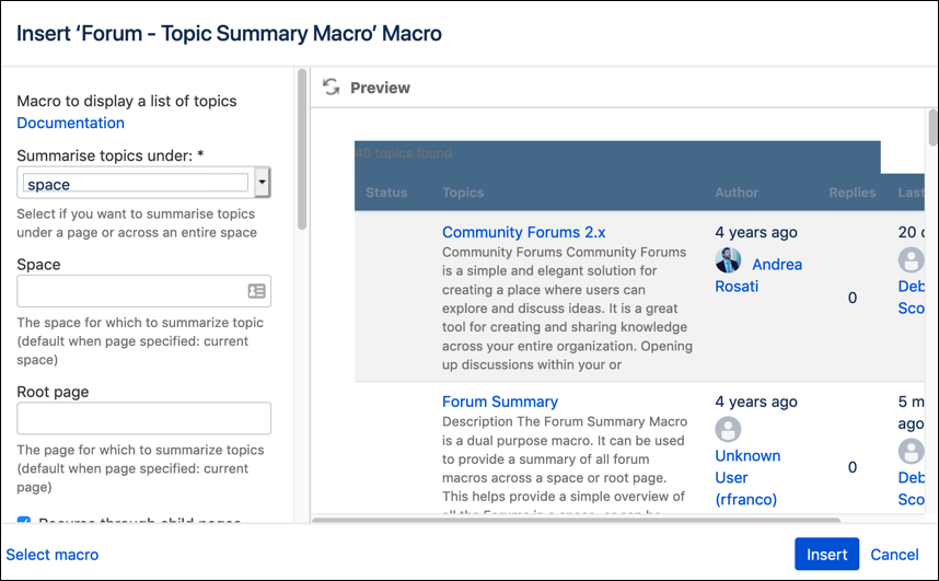 The Insert Forum Topic Summary Macro screen.
