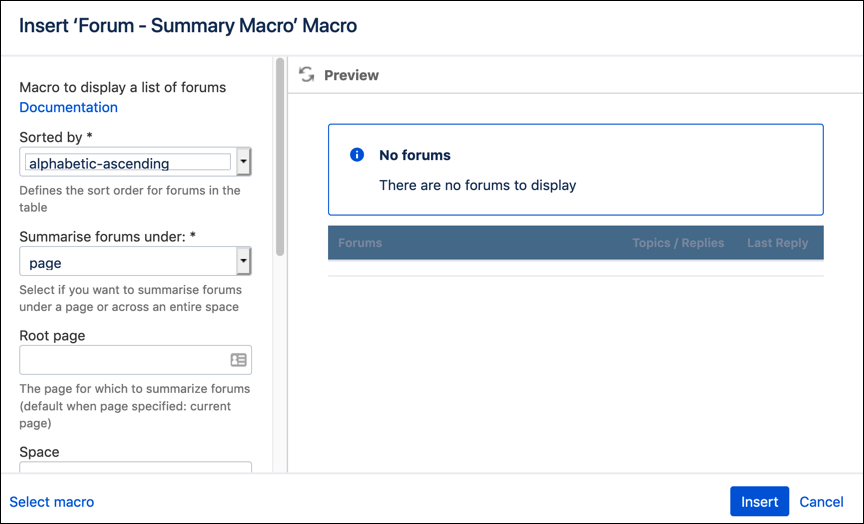 The Insert Forum - Summary Macro screen.