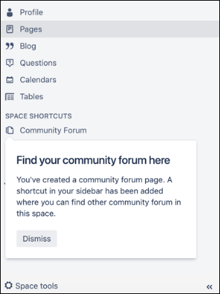 The Confluence sidebar menu, with the new Community Forum shown.
