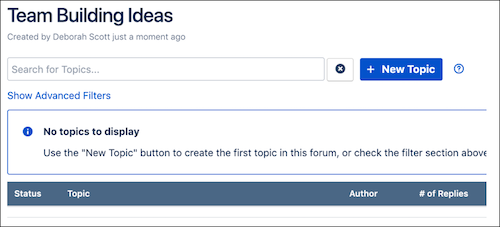 The Forums menu page, with the New Topic button shown.