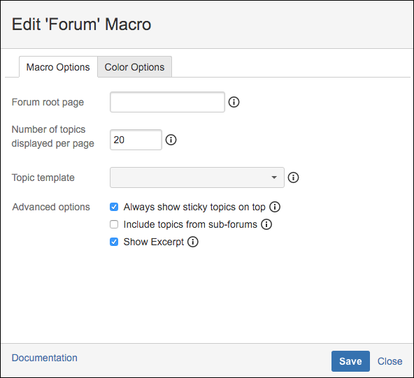 The Macro Options tab, in the Forum macro editor.