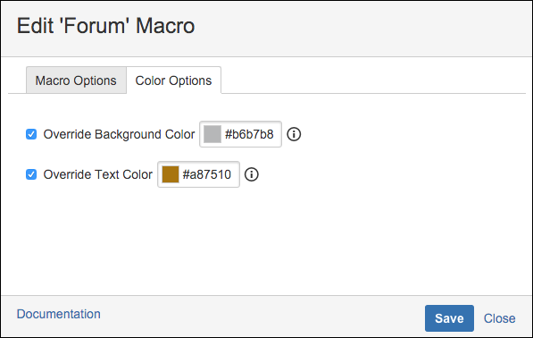 The Color Options tab, in the Forum macro editor.