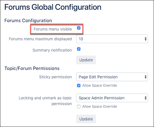 The Forms Global Configuration window with the Forums menu visible checkbox option highlighted.
