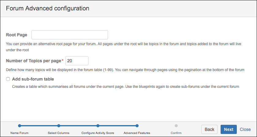 The Advanced Features screen in the Forum Advanced Configuration window.