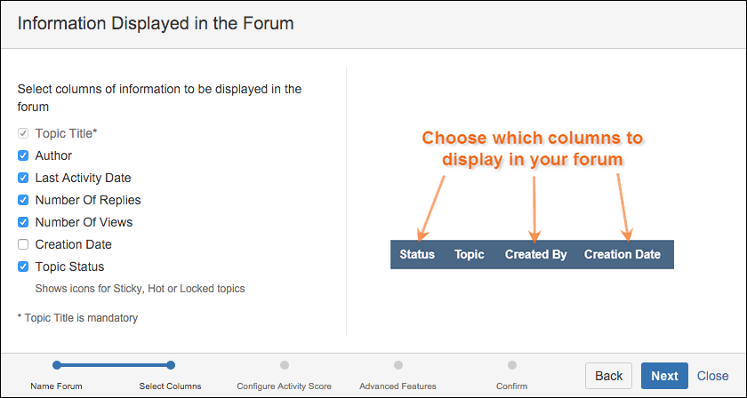 The Select Columns screen in the Create from Template window.