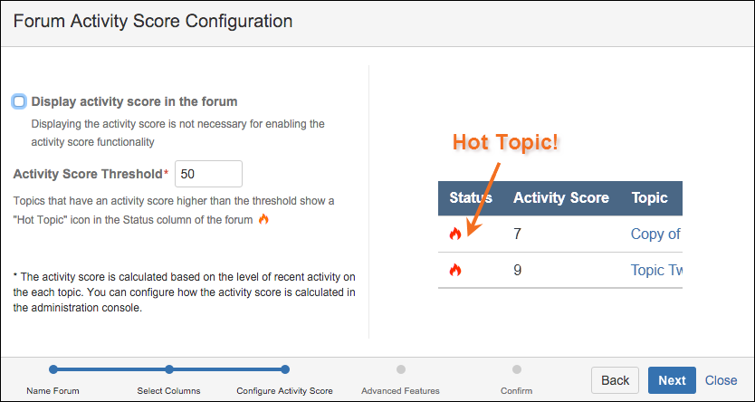 The Configure Activity Score screen in the Create from Template window.