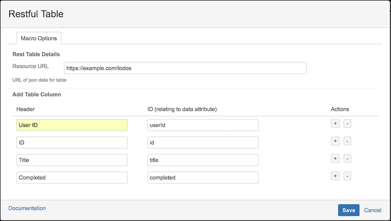 The Restful Table configuration options.