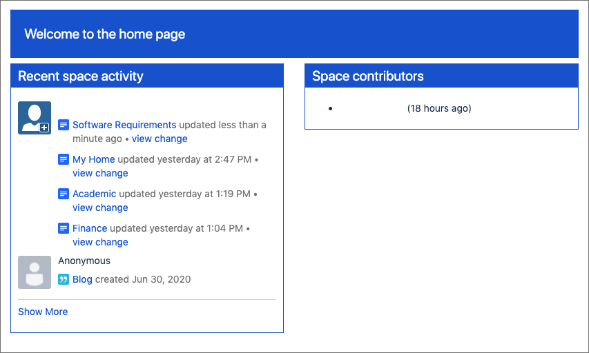 A rendered example of the Space Home Page template.