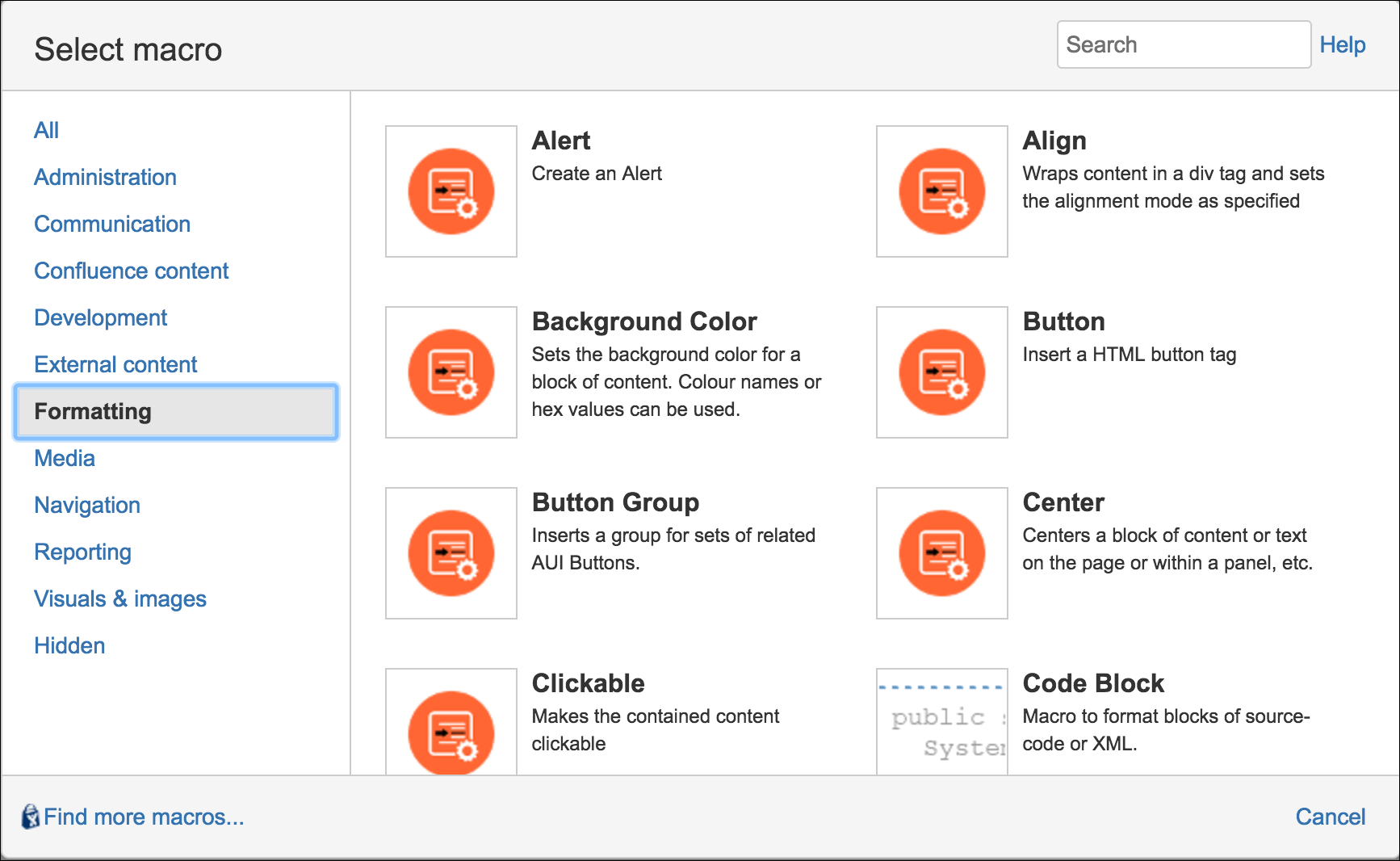 The Macro Browser with the Button Group macro available.