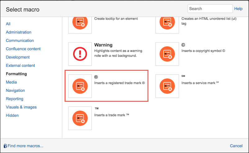 The Macro Browser with the Registered Trademark macro available.