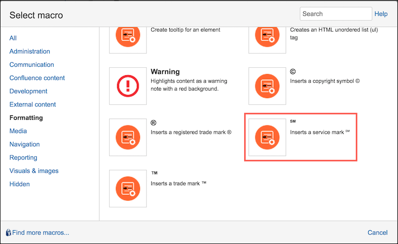 Macro Browser with the Service Marks macro highlighted