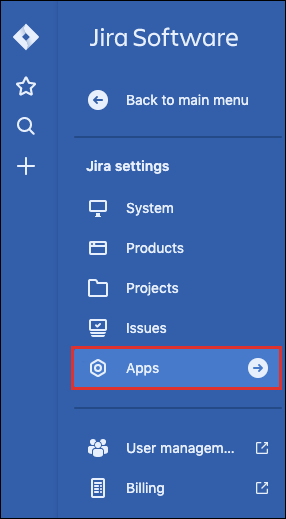 The Jira Settings screen, with the Apps option highlighted.