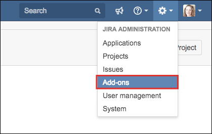 The Jira Administration dropdown menu, with the Add-ons option highlighted.
