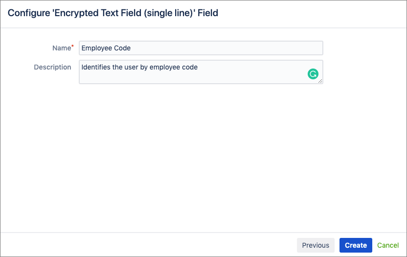 The Configuration screen for the Encrypted Text Field (single line). Name and Description fields are shown.