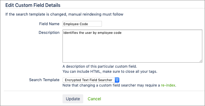 The Edit Custom Field Details screen for an Encrypted Custom Field Searcher template.