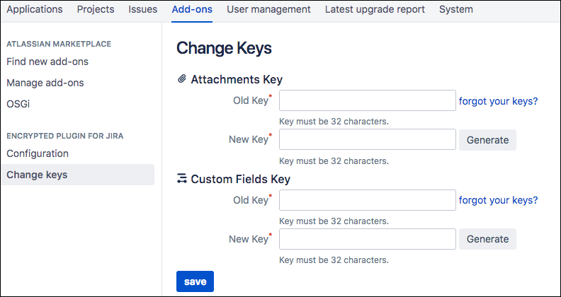 The Change Keys screen, accessed from the Encryption for Jira left sidebar.