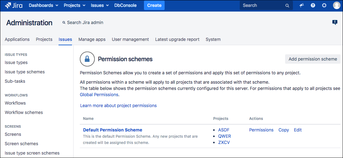 The Permissions Schemes screen, accessed from the Jira left sidebar.