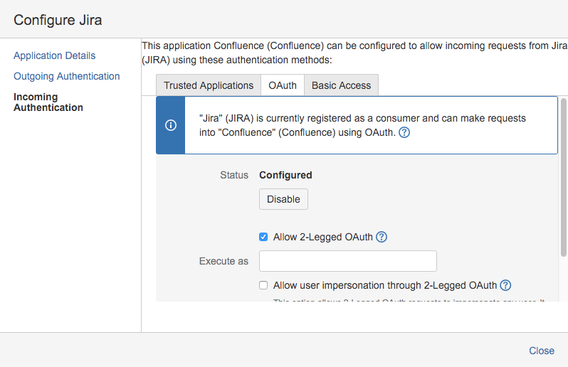 Incoming Authentication screen in the Application Link configuration.