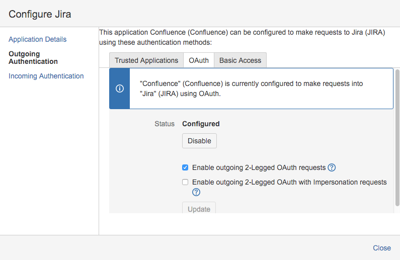 Outgoing Authentication screen in the Application Link configuration.