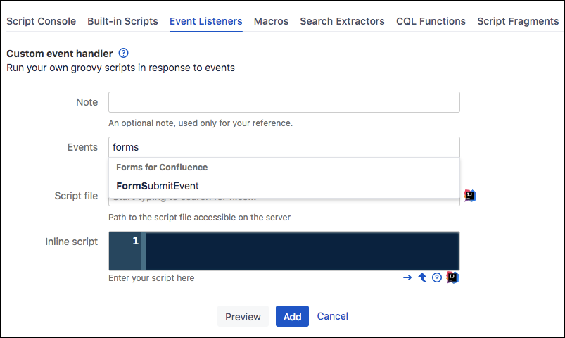 Event listener configuration screen.