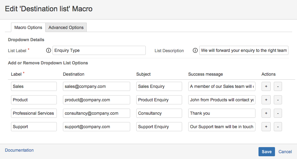 An example configuration for the Destination List macro.