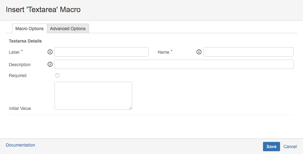 The Textarea macro configuration screen.