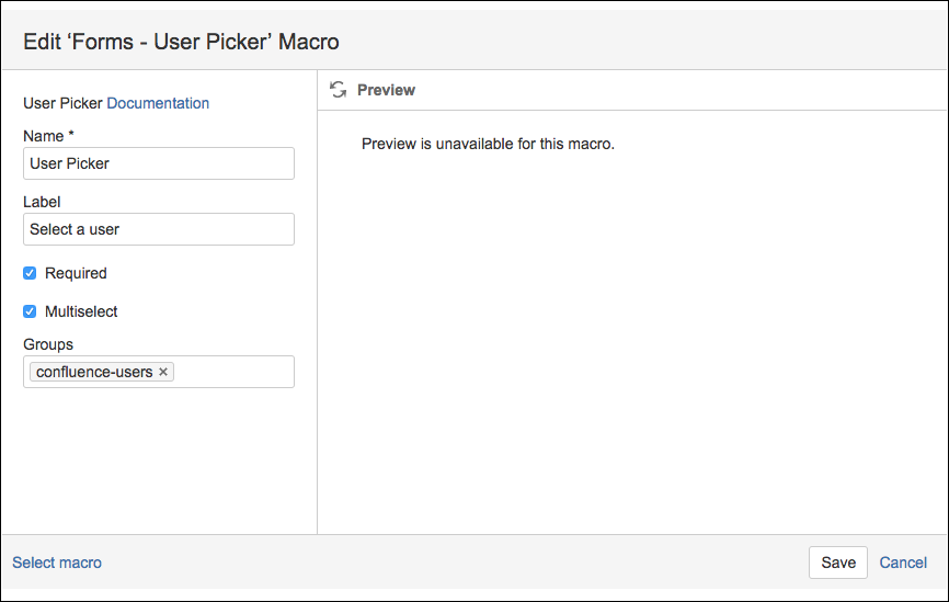 User Picker macro configuration screen.