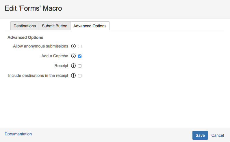 Forms macro configuration screen, Advanced Options tab. The checkbox for Add a Captcha is selected.