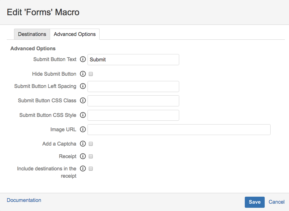 Edit screen for the Forms macro.