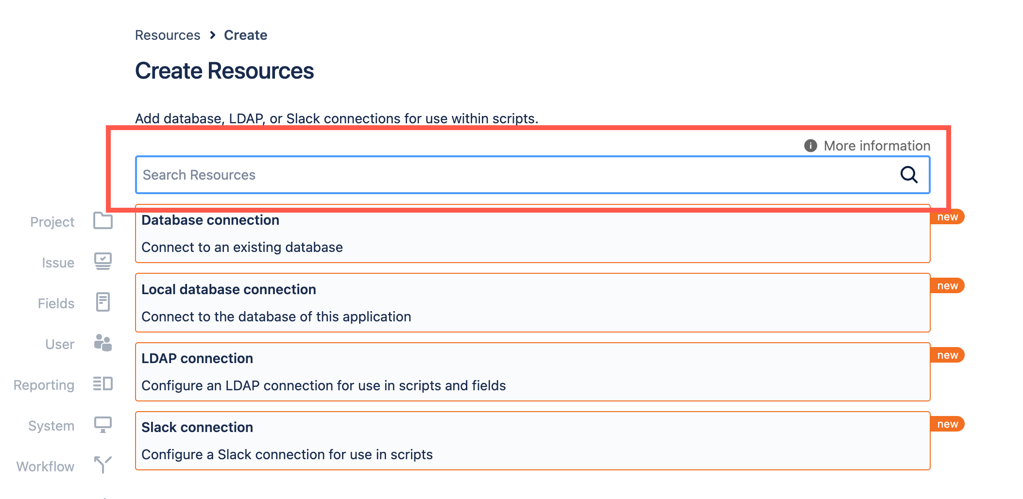 The Create Resources screen, with the Search ScriptRunner Functionality search bar highlighted.