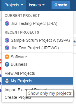 The Jira Projects drop-down menu, with new browse options visable.