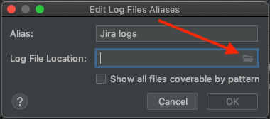The Edit Log Files Aliases window, with the Browse button highlighted.
