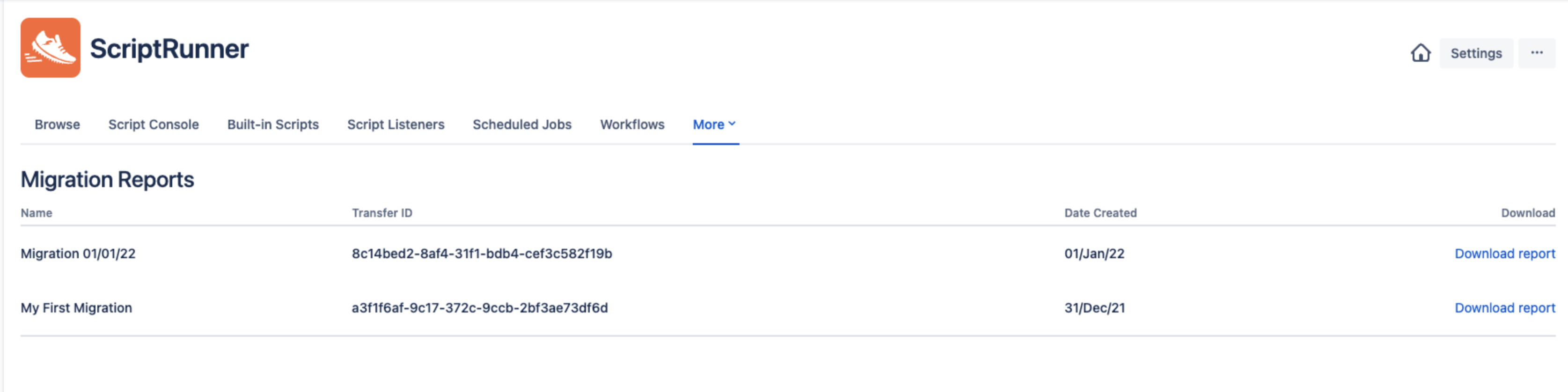 Migration Reports screen