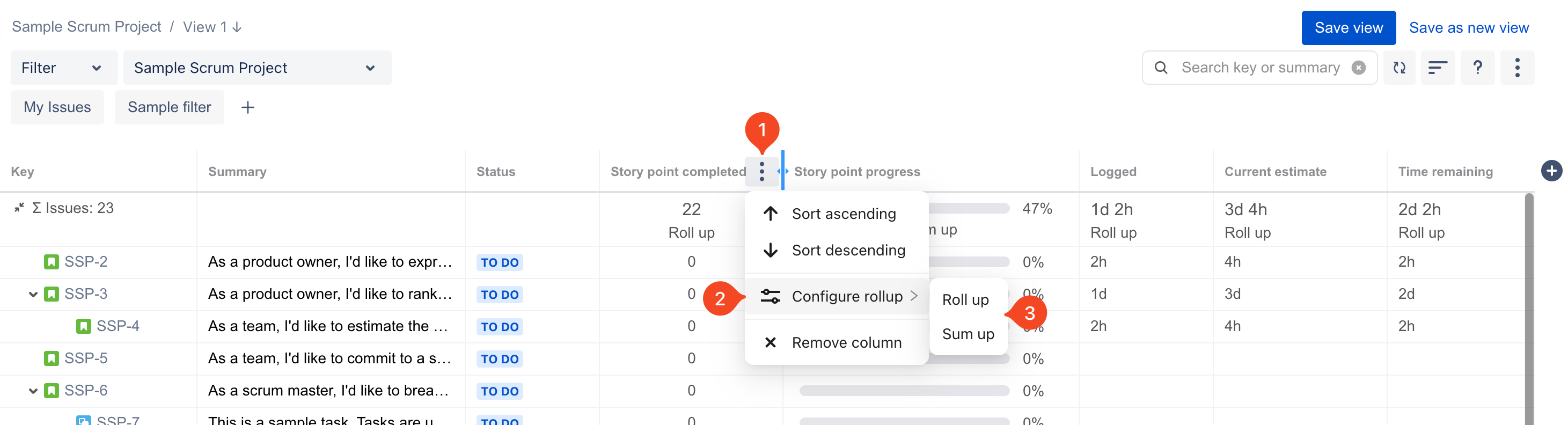 A screenshot showing where to find the Column Aggregation setting in the column header.