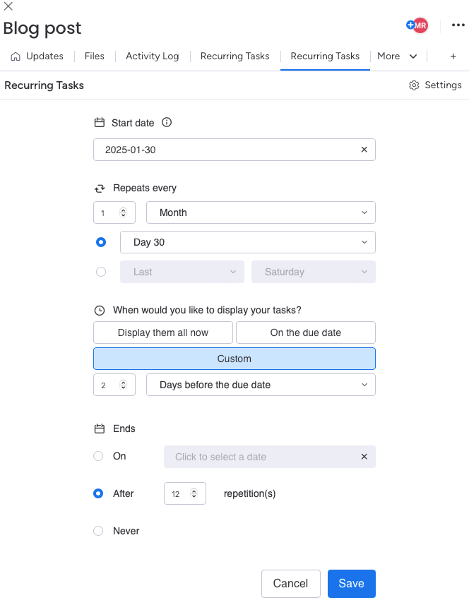 This is a screenshot of the form used to create a recurring task with the automatic scheduling option selected.