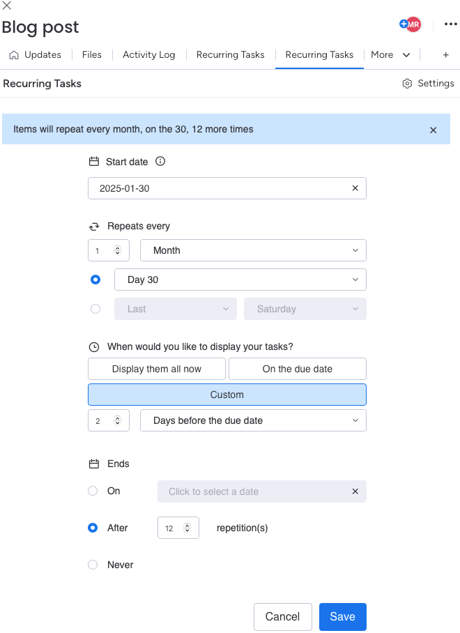 This is a screenshot of the form used to edit details of a recurring task.