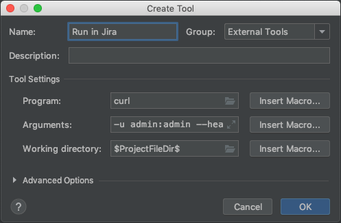 A Create Tool window, with example configuration.