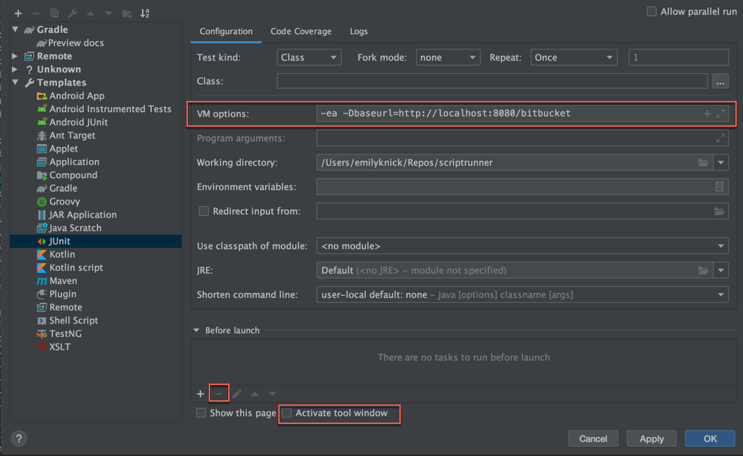 The JUnit Template Configuration screen, with the VM Options field, and Activate Tool Window checkbox option highlighted.