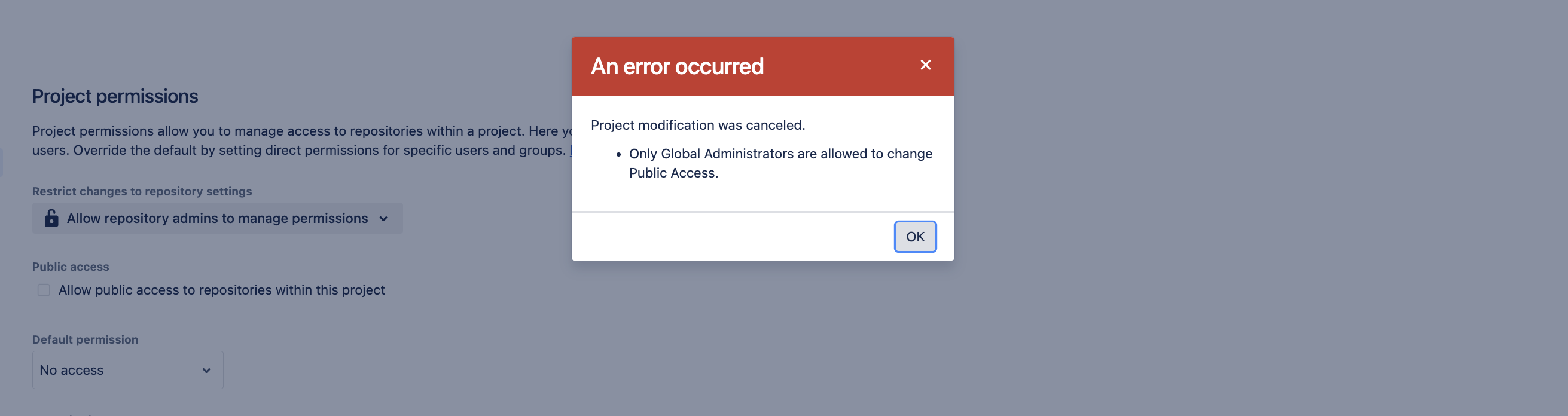 Image of project permissions error