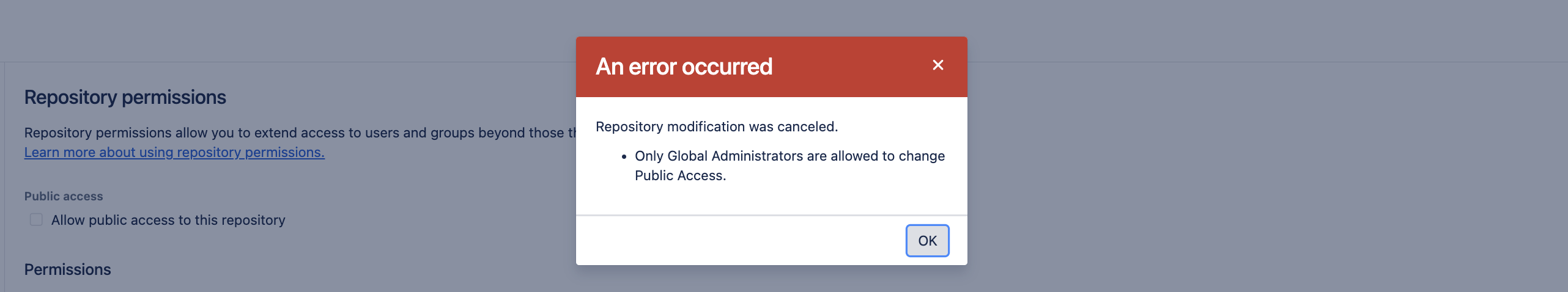 Image of repository permissions error