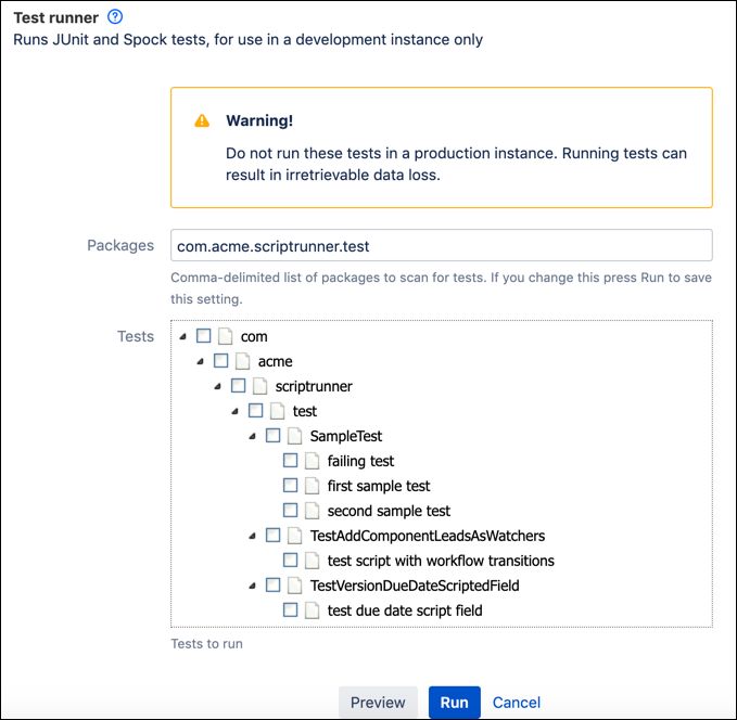 The Test Runner section on the Built-in Scripts screen.