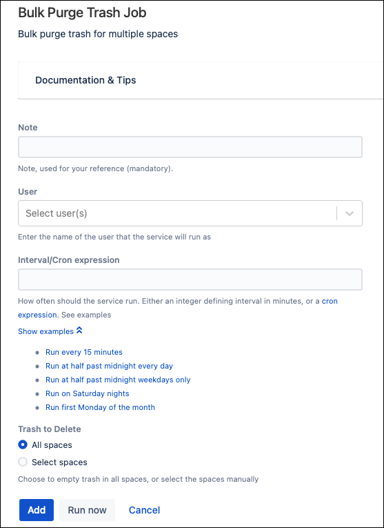 Bulk Purge Trash Job form