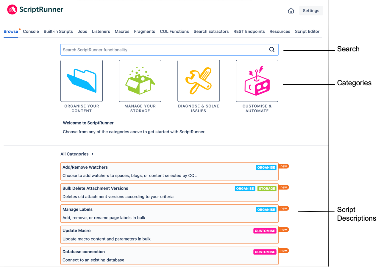 The three Browse sections (Search, Categories, and Script Descriptions) are highlighted in this image,