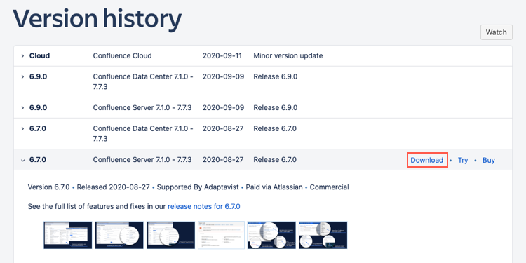 This image shows the Download button highlighted on the right side of the version listing on the Version History screen