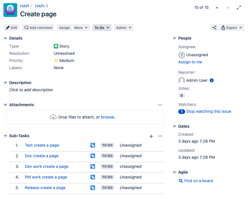 An image showing an unaltered Jira task and subtasks.