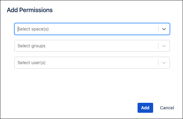 This image shows the fields to restrict access for certain spaces, groups, and users. One field exists for each. 