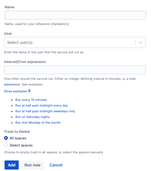 The form for the Bulk Purge Trash job