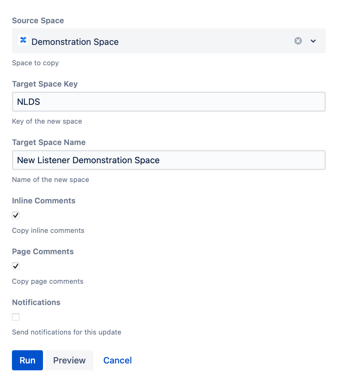 The Copy Space form filled out with the example content.